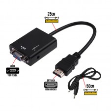 Cabo Conversor HDMI Macho x VGA Fêmea + Cabo de Áudio P2